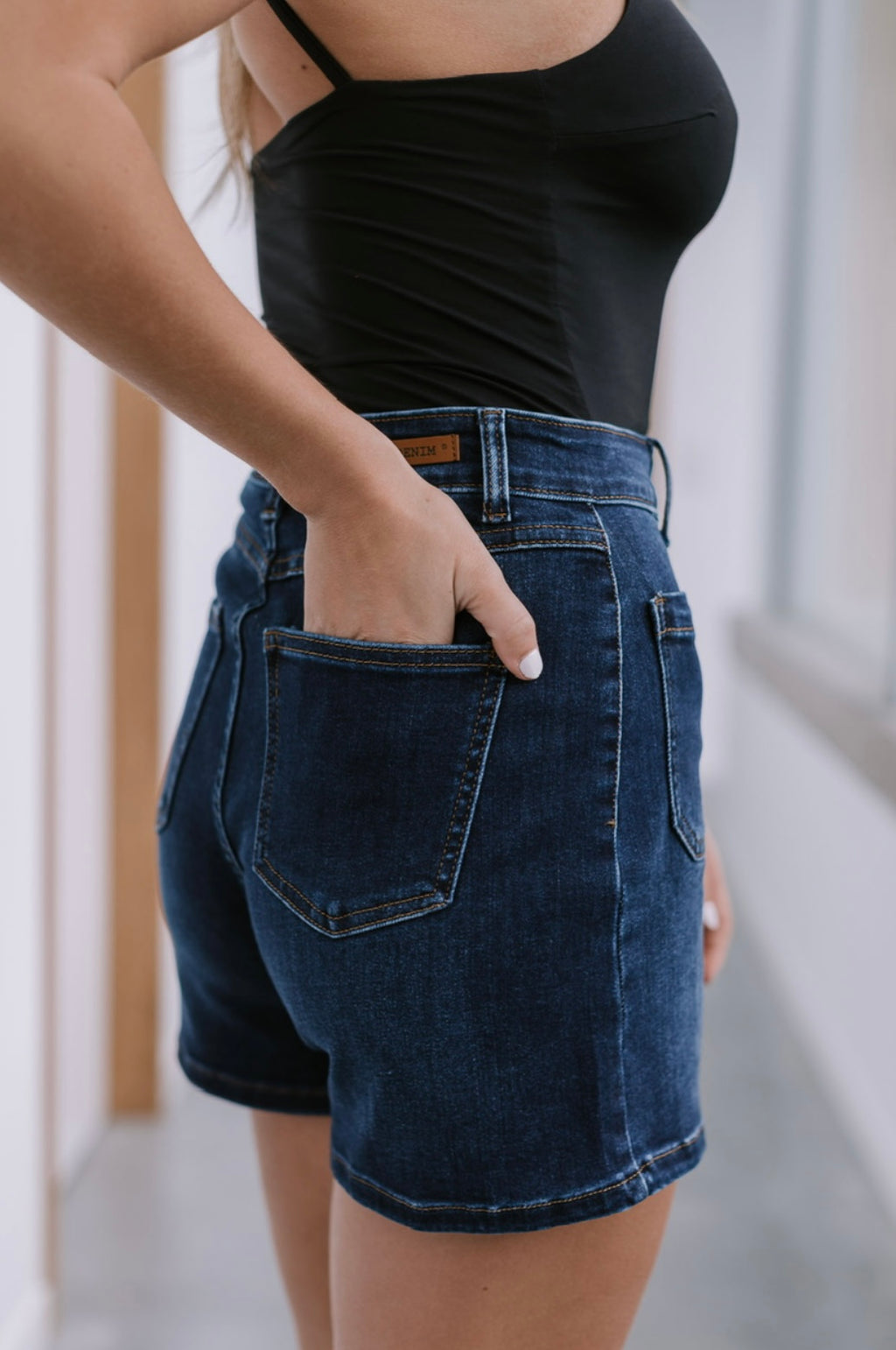 Dark wash denim short image 1