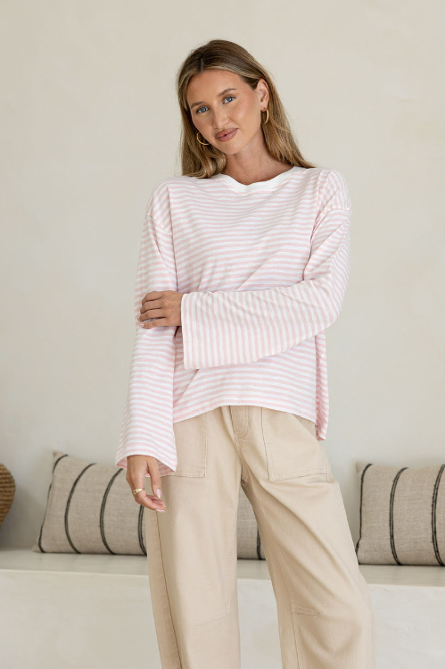 Pink stripe belle sleeve top