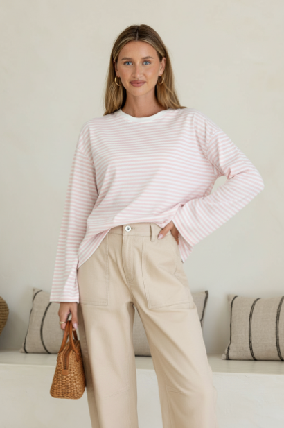 Pink stripe belle sleeve top